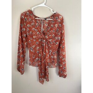 Y2K Windsor Floral Print Twist Front Sheer Blouse  M Boho  IndieSleeze Autumn